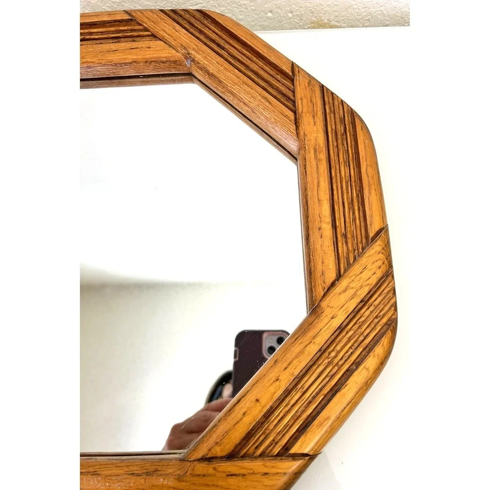 Vintage Mid Century Modern Walnut Octagon Wall Mirror 1970s Boho Wood Geometric